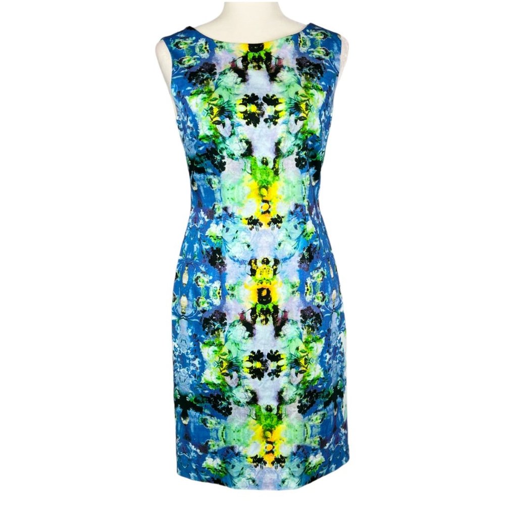 Antonio Melani Womens Floral Sleeveless Sheath Dress Blue Yellow Stretch size 4